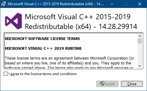 vc++ runtime setup screen