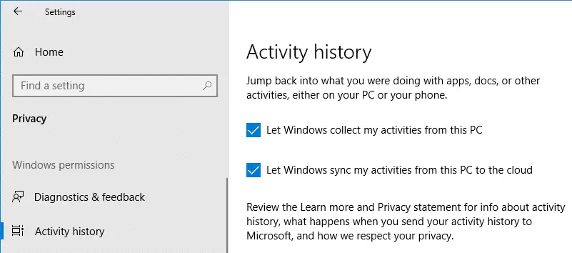 windows 10 timeline feature activity history privacy settings