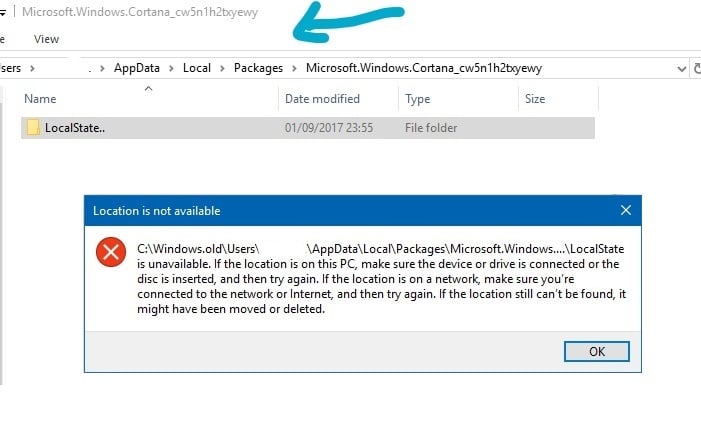 cannot access cortana localstate folder inaccessible