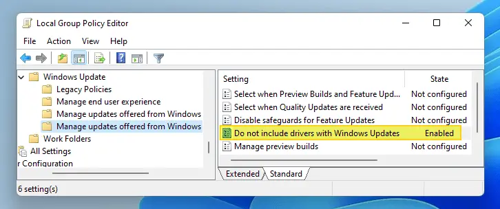 ExcludeWUDriversInQualityUpdate in windows 11 GPO