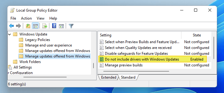 ExcludeWUDriversInQualityUpdate in windows 11 GPO