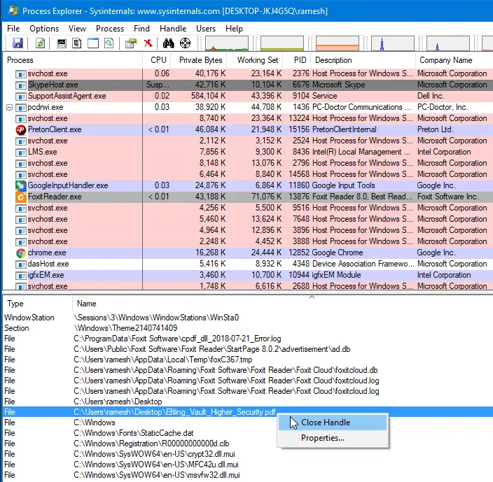 process explorer close handle - lower pane view