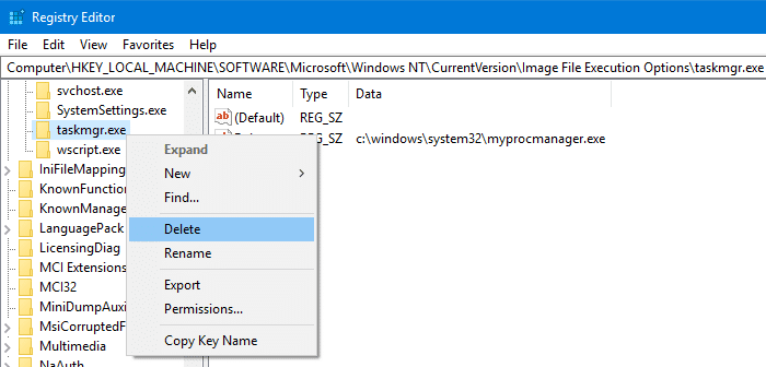 taskmgr.exe cannot be found error - debugger registry value