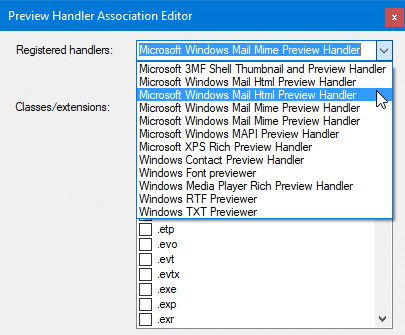 preview handler association editor - windows mail mime handler
