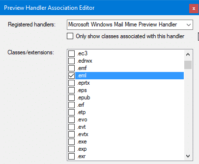 preview handler association editor - .eml file type