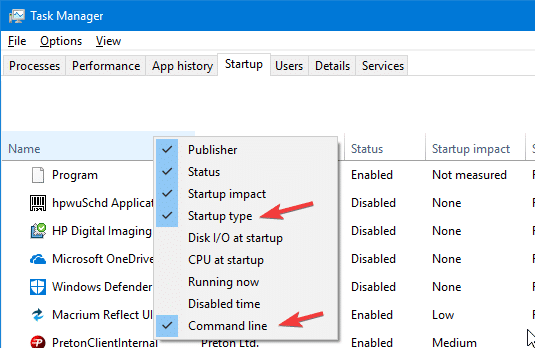 task manager show command line and startup type