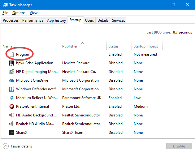 unknown program entry in task manager startup tab command line