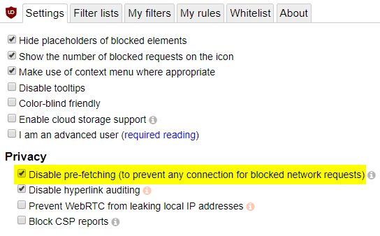 uBlock origin prefetch option - chrome