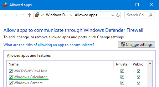 windows calculator firewall exception