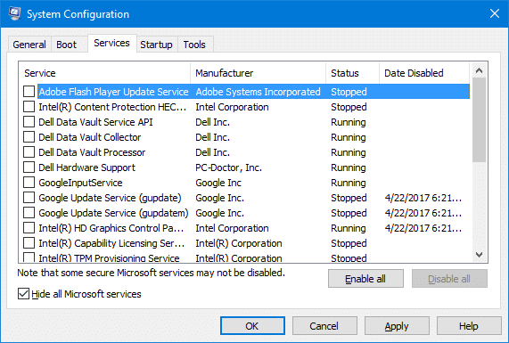 clean boot using msconfig