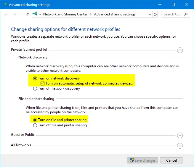 advanced sharing settings in windows 10 - all networks