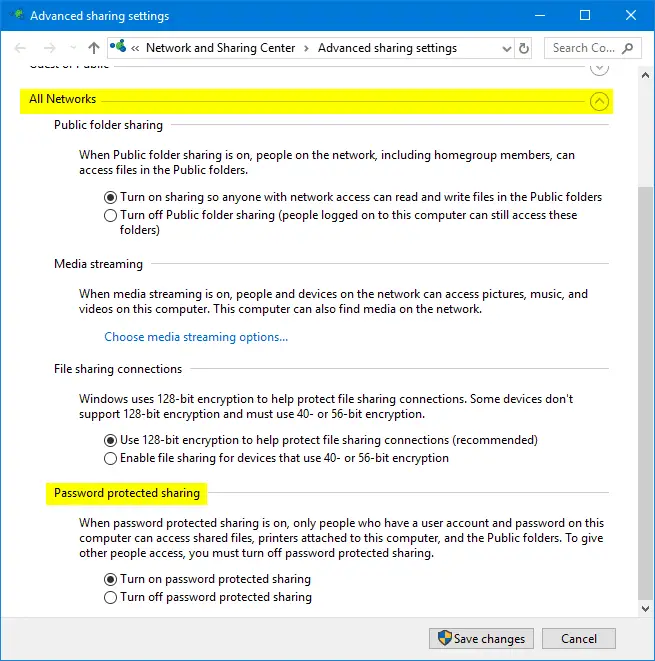 advanced sharing settings in windows 10