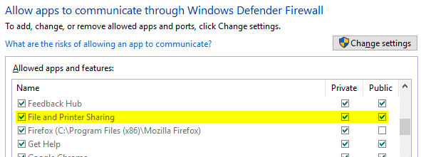 windows firewall - file and printer sharing exception