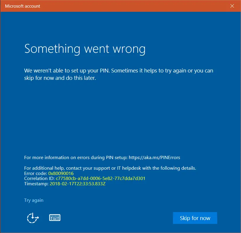 0x80090016 changing new pin sign-in error 