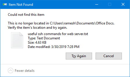 could not find the item when deleting a file or folder