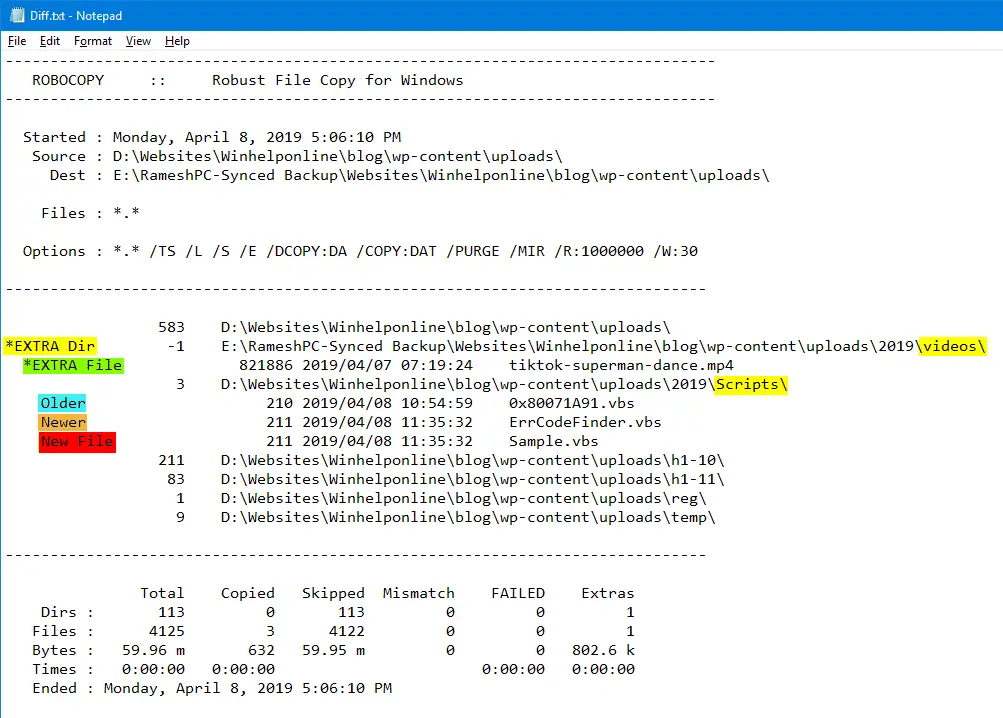 robocopy log file list differences folders