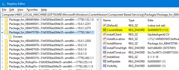 package currentstate cbs windows update status