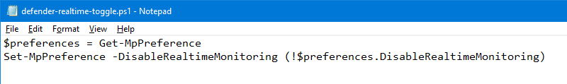 defender real-time toggle powershell script .ps1