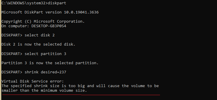 diskpart shrink volume error
