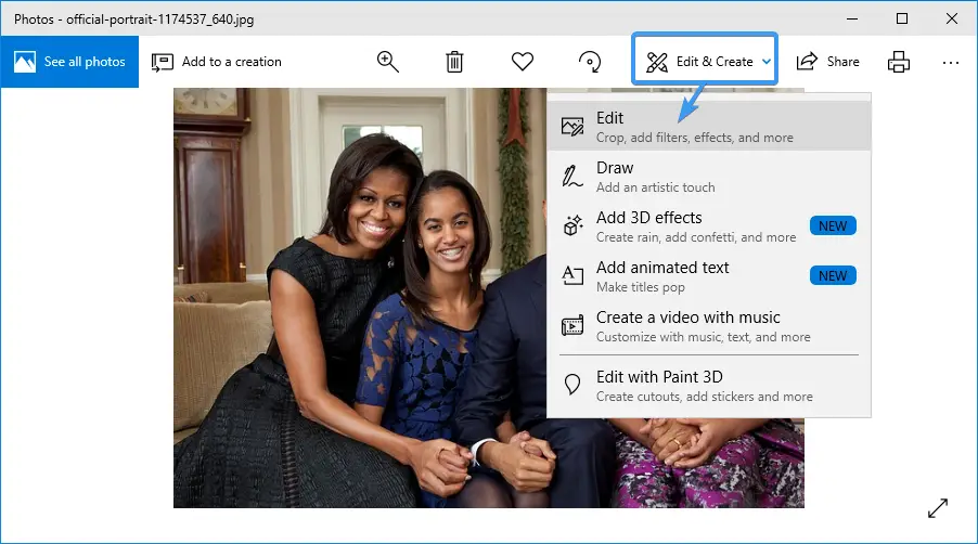 change picture to black and white photos app windows 10