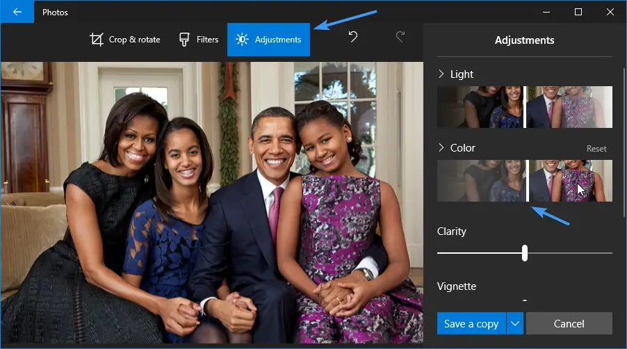 change picture to black and white photos app windows 10