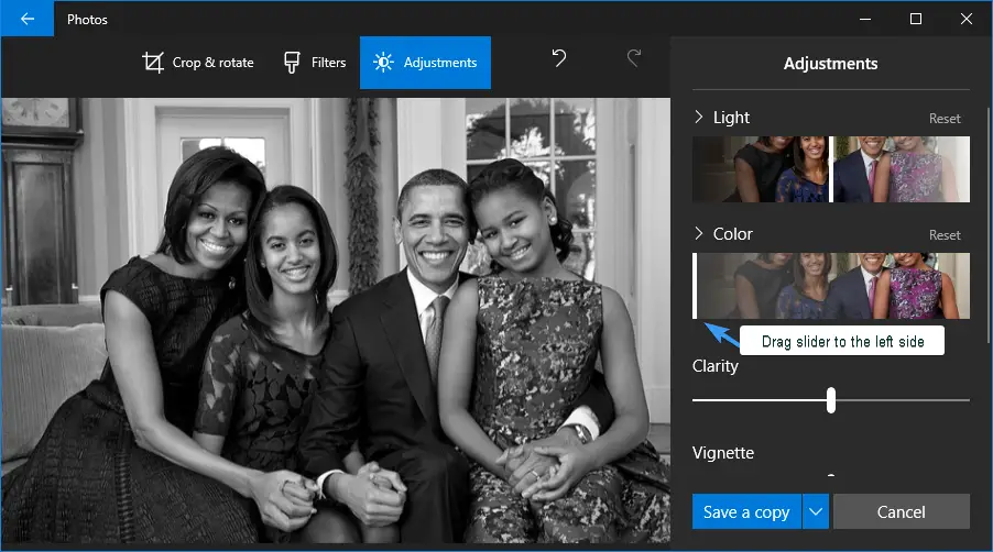 change picture to black and white photos app windows 10
