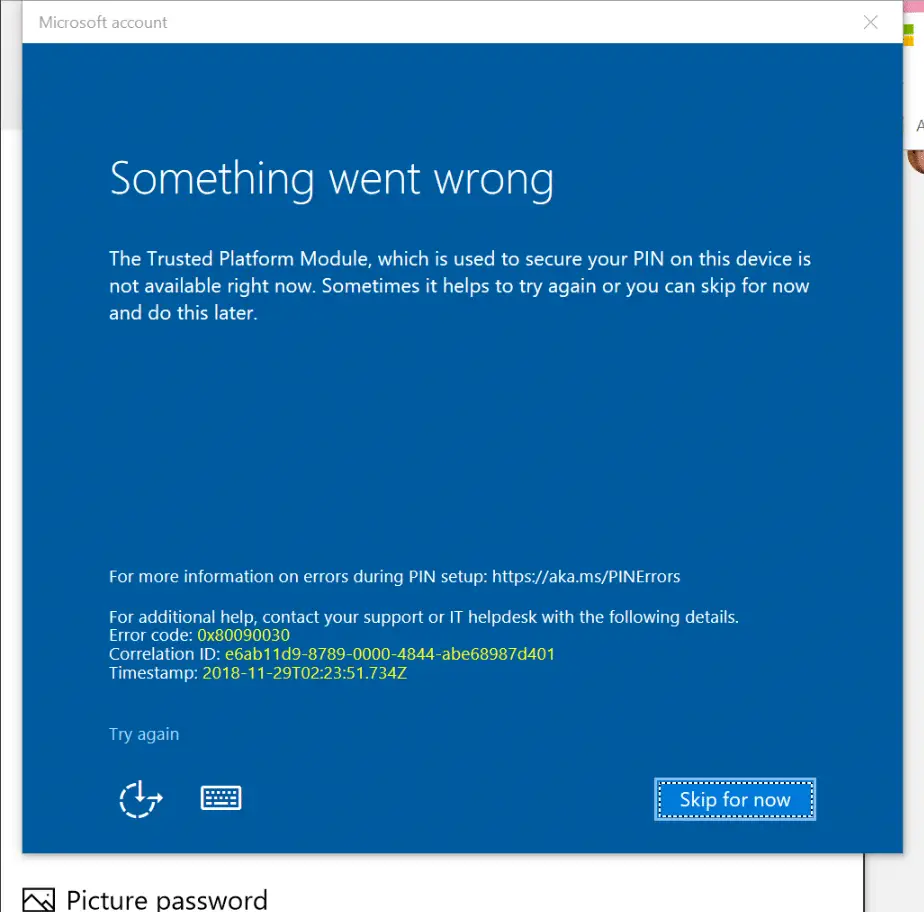 PIN login error 0x80090030 in windows 10