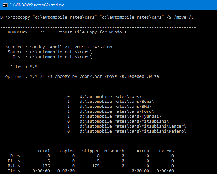 robocopy delete empty folders - list -dryrun