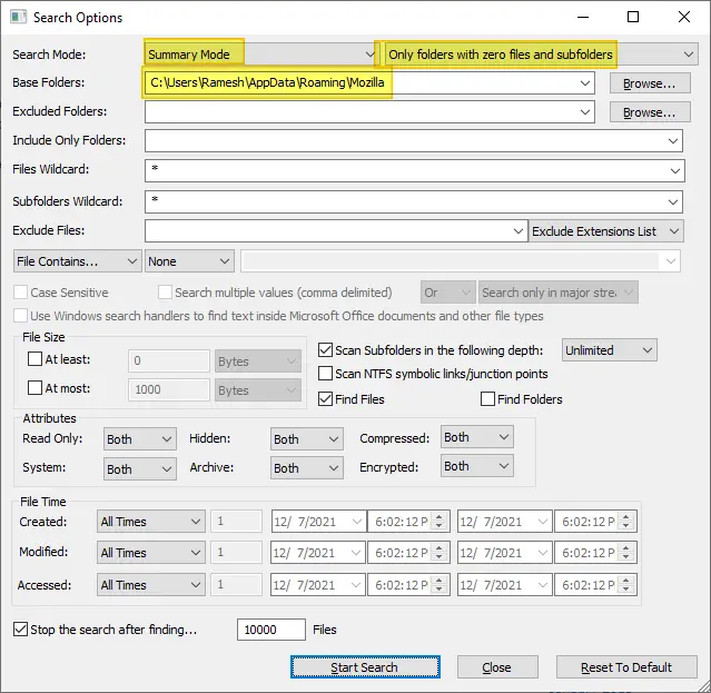 find and delete empty directories using searchmyfiles utility