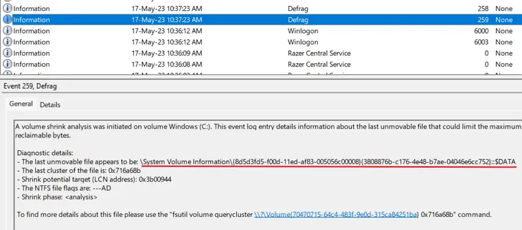 system volume information preventing shrink event log