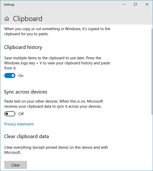 clipboard user service name - clear history - settings
