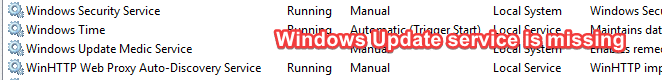 windows update service missing in the list