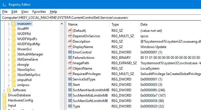 wuauserv - Windows Update service registry keys
