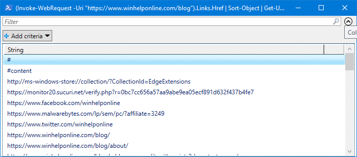 extract links from a webpage in windows
