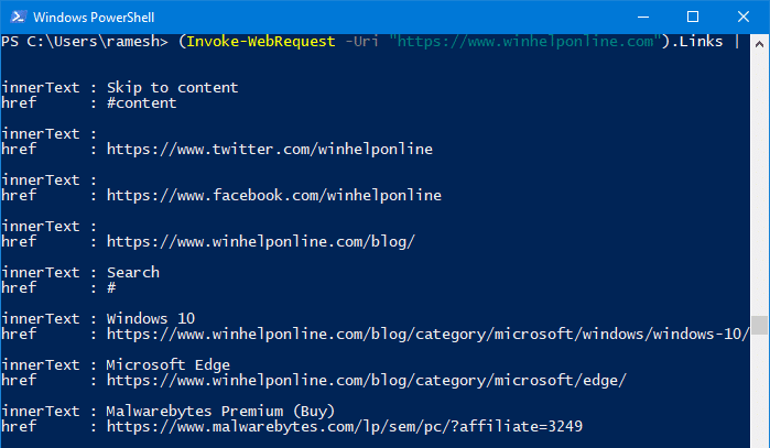 extract links from a webpage in windows