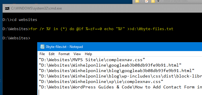 find and delete 0-byte files in windows