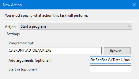 erunt backup registry hives windows 10 - task scheduler