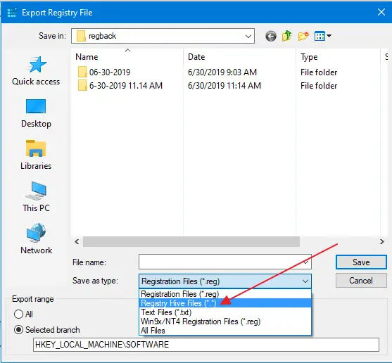 полное резервное копирование кустов реестра Windows 10 - экспорт regedit