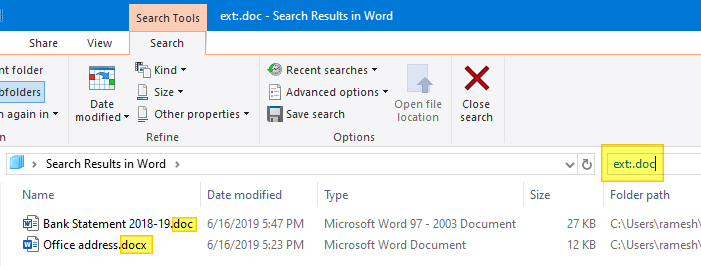 search for files specific extension windows