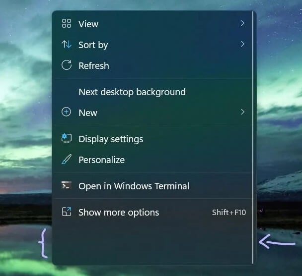 scroll bar in context menu windows 11