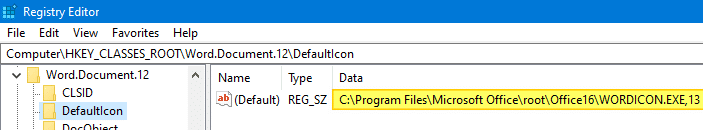 word .docx and .doc files show generic white icon - registry defaulticon