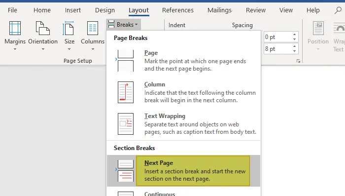 set selected page landscape same word document