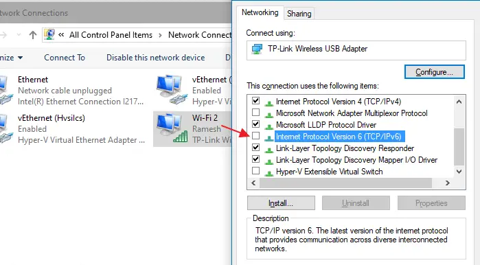 disable ipv6 network connections