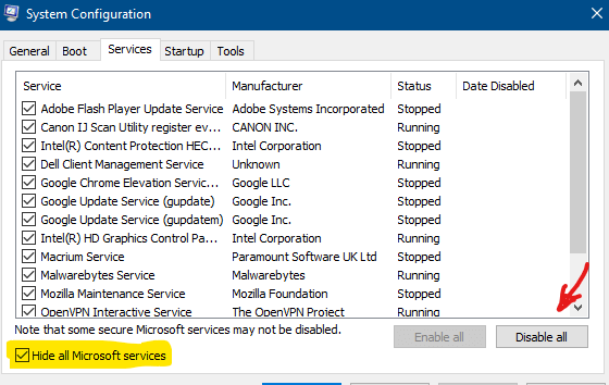 disable non microsoft services in msconfig