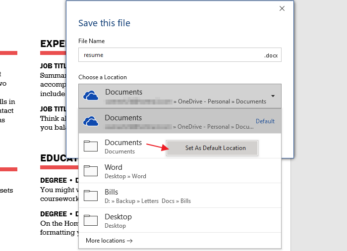 office documents default save location