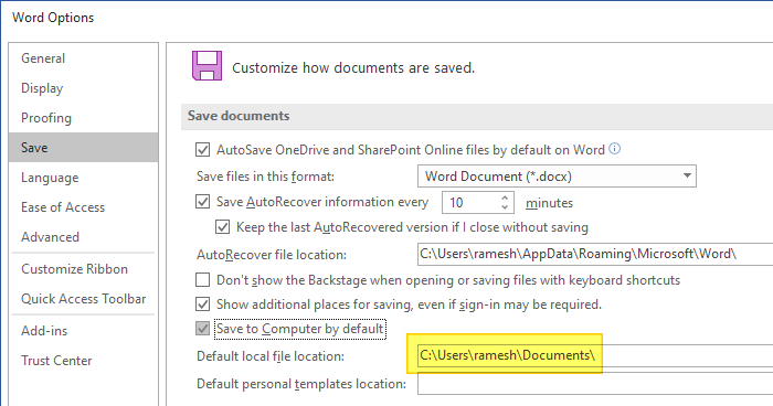 office documents default save location