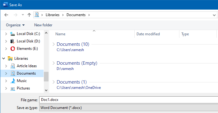 office documents default save location