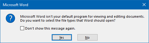 word not the default editor message startup