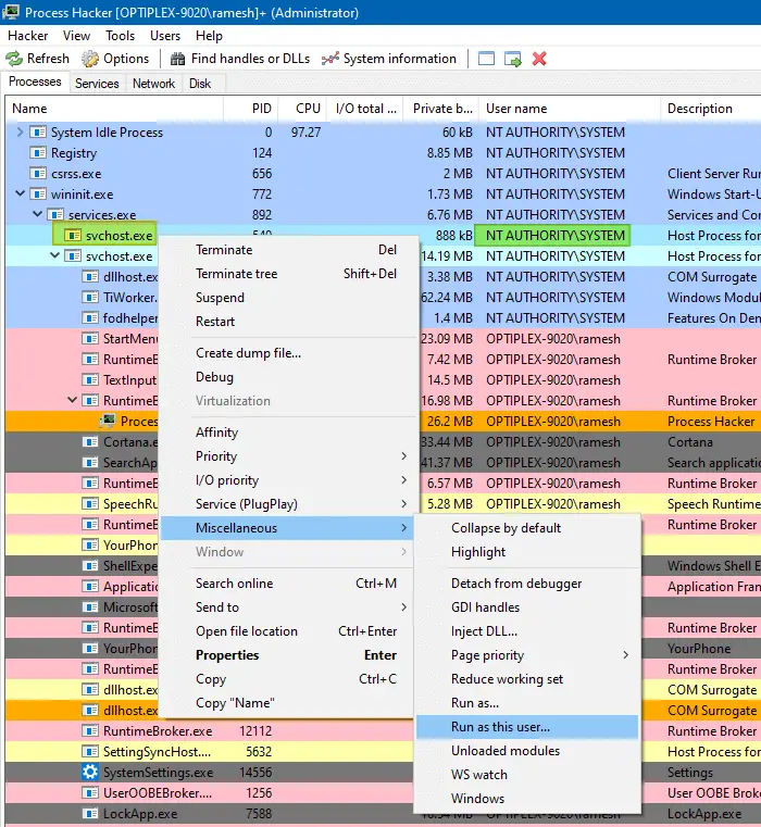 process hacker run as system