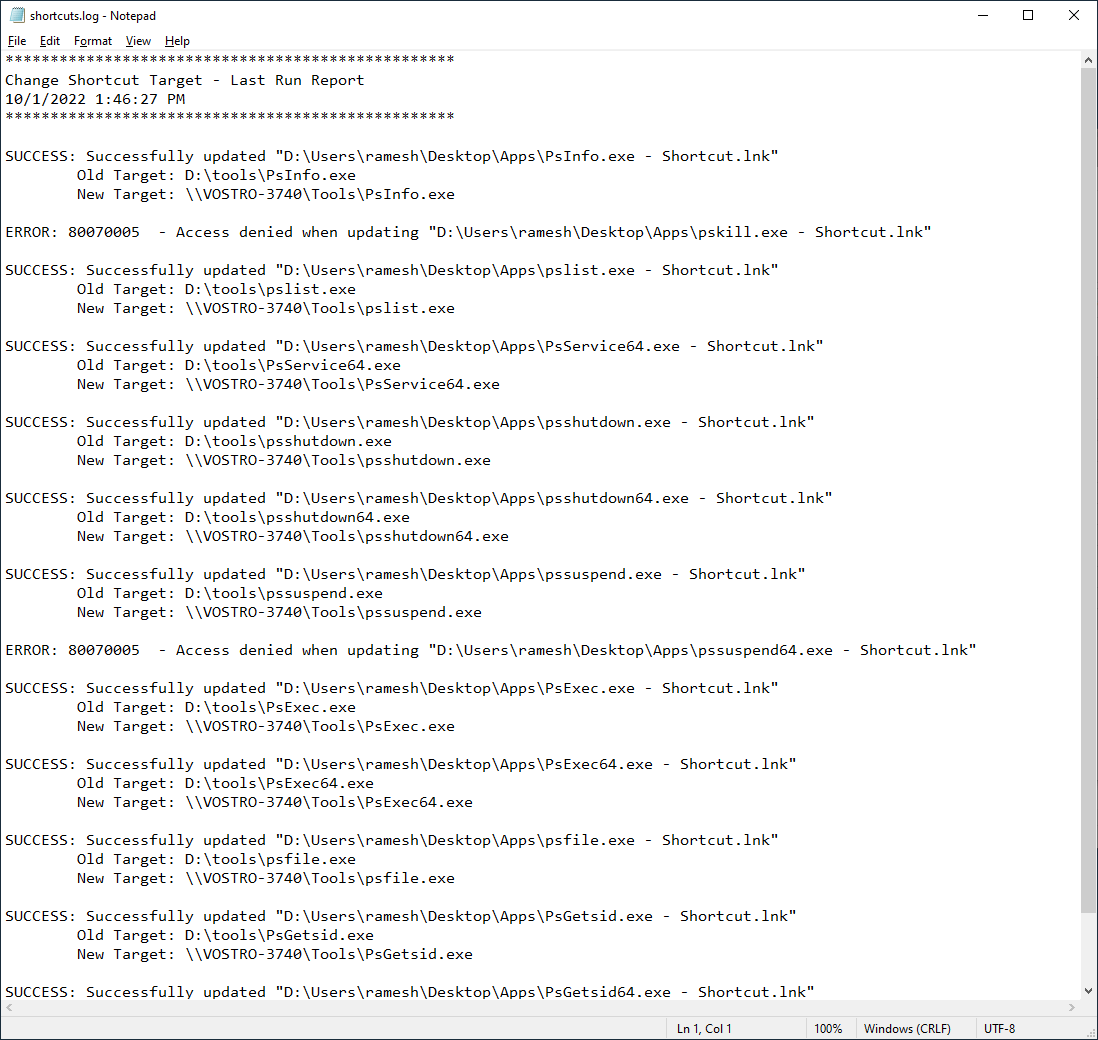 bulk update shortcuts script - log file